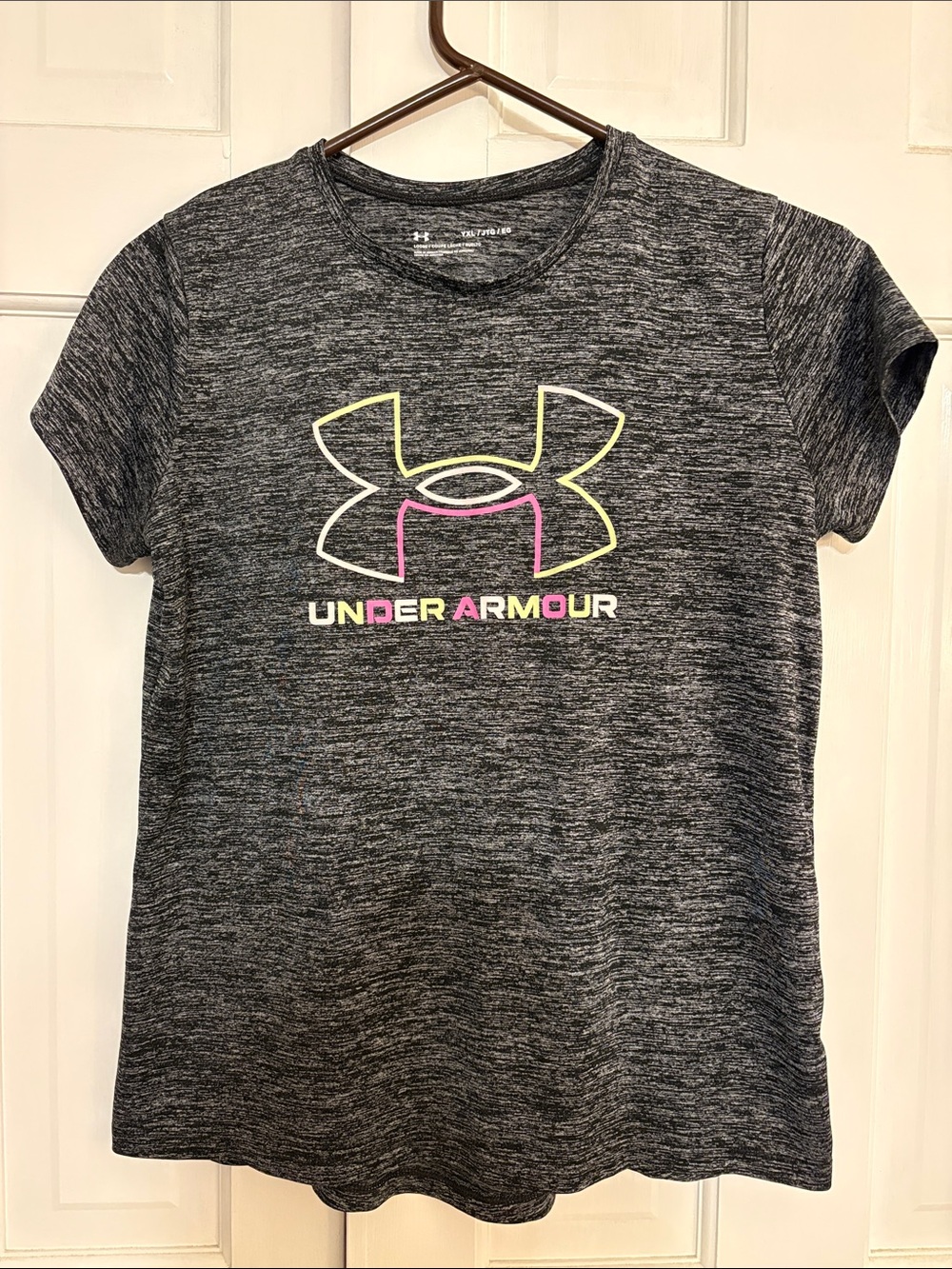 Under Armour Heather Gray Short Sleeve Tee with Neon Pink & Yellow Logo